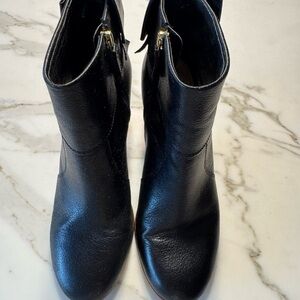 kate spade Black Leather Ankle Booties with Gold Zipper and Bow Back Detail